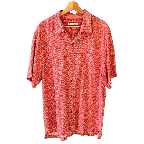 Tommy Bahama TB93 XL 100% Silk Geometric Printed Shirt Coral Pink - Picture 1 of 11